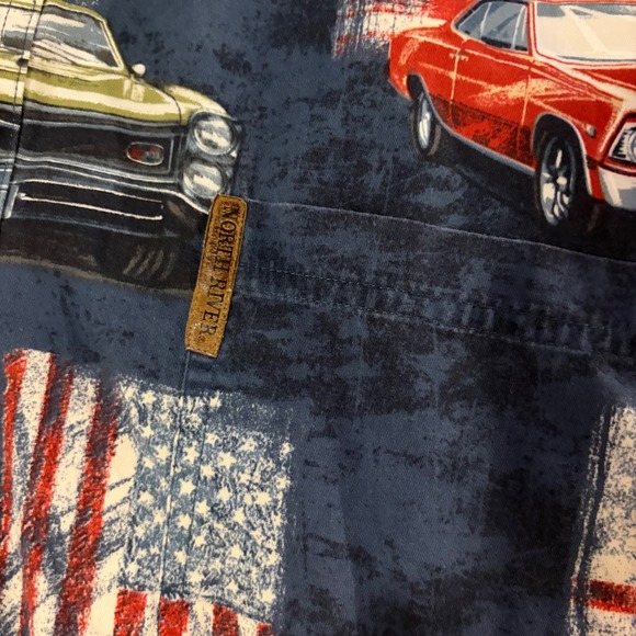 North River Button Down Shirt Mens XXL Blue American Flag Muscle Cars  Country - Picture 5 of 9